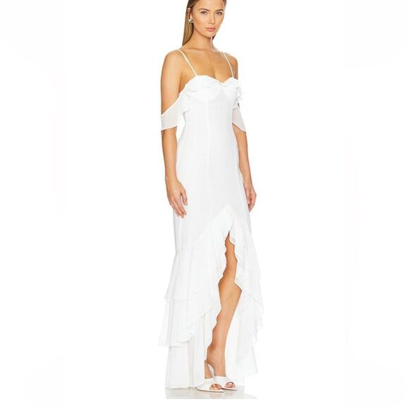 NWT More To Come Adriana Gown White chiffon maxi ruffle Revolve L - Picture 2 of 8